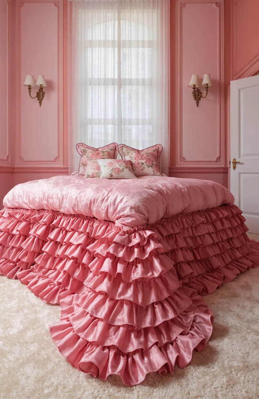 A bed with a ruffled pink bed skirt and matching pink bedding in a clean, elegant bedroom.