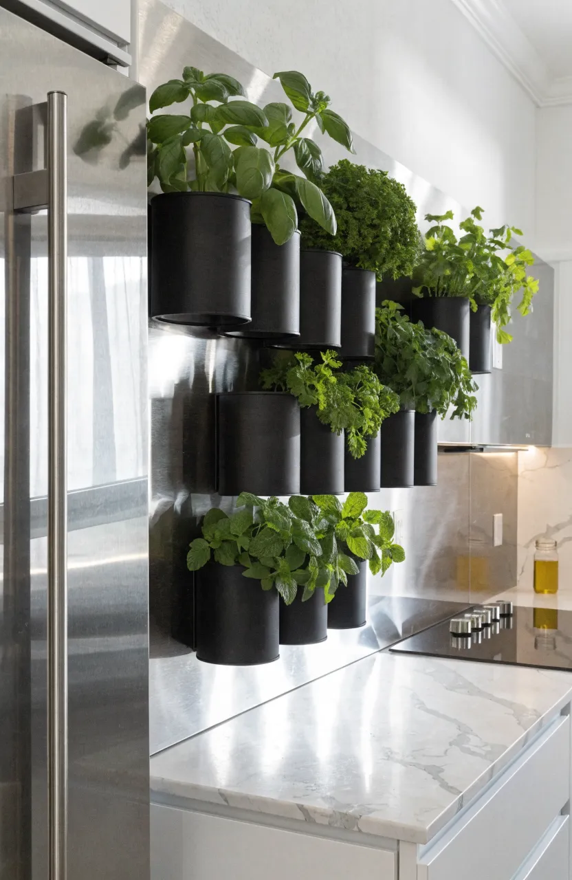 Magnetic black metal herb planters attached to a stainless steel refrigerator in a modern kitchen.