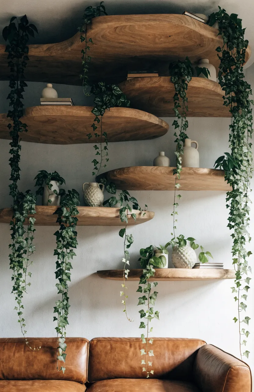 Staggered wooden floating shelves on a grey wall with long ivy vines trailing downwards.