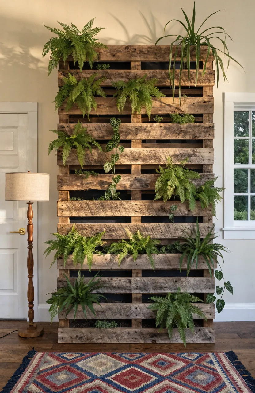 A rustic reclaimed wood pallet repurposed into a large vertical wall planter for indoor plants.
