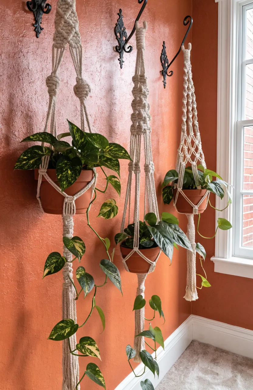 Three cream macramé plant slings with trailing pothos plants hanging from black wall hooks.
