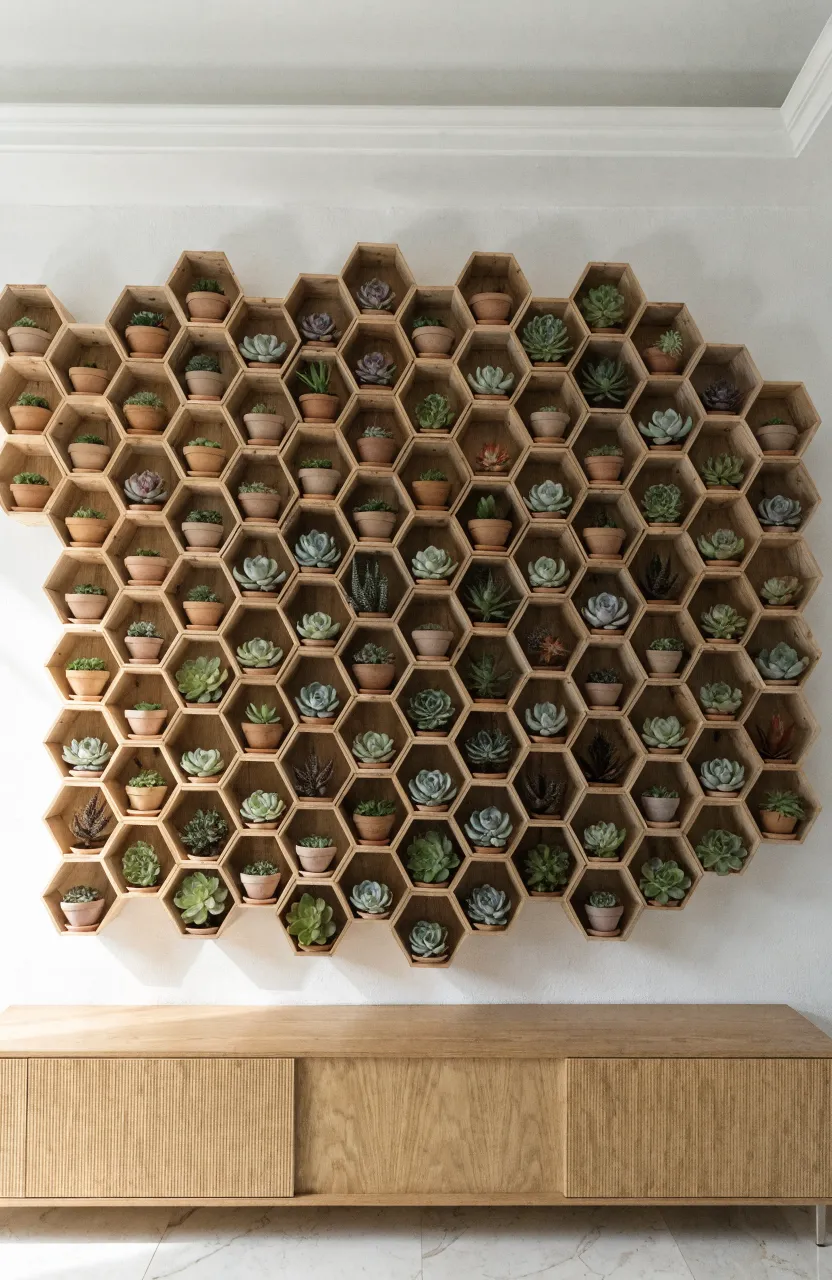 A cluster of hexagonal wooden shelves on a white wall filled with various small succulents.