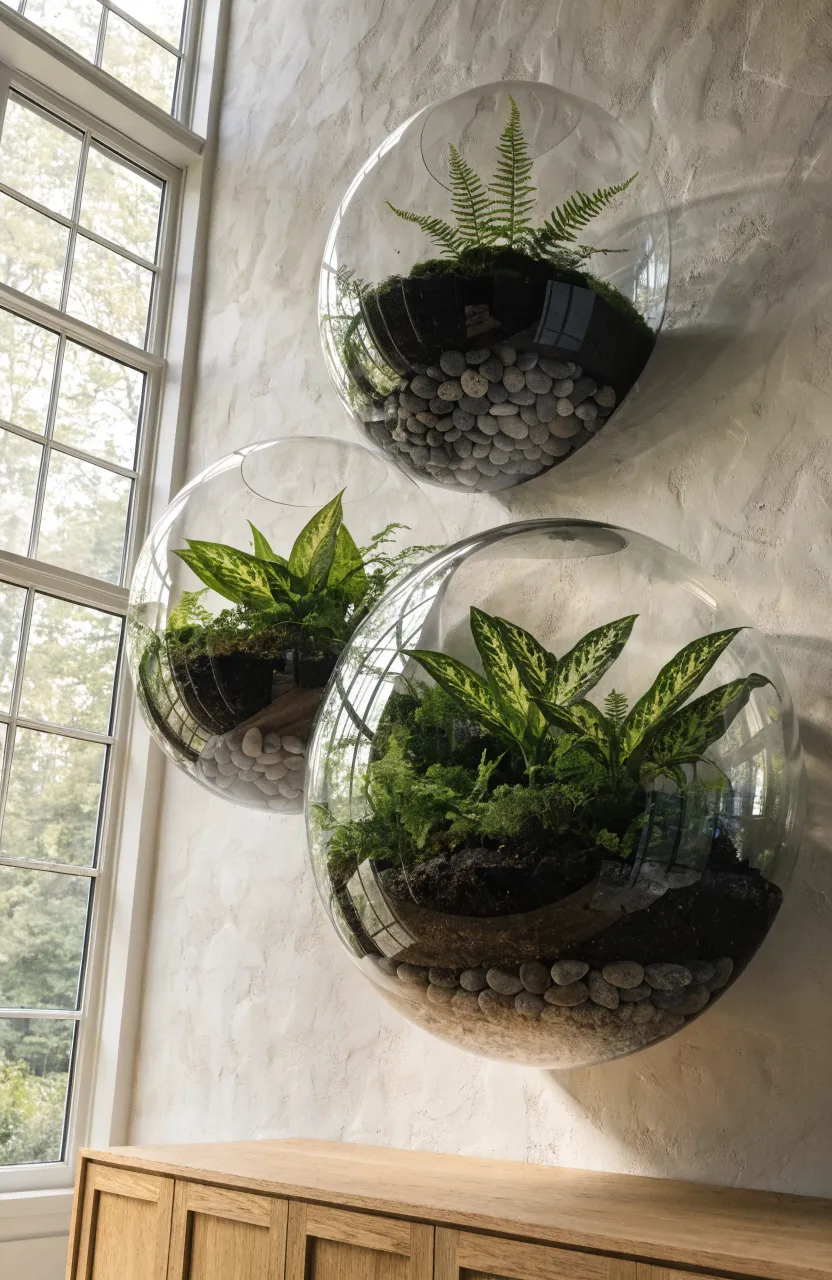 Three glass globe terrariums with tropical plants mounted on a minimalist white wall.