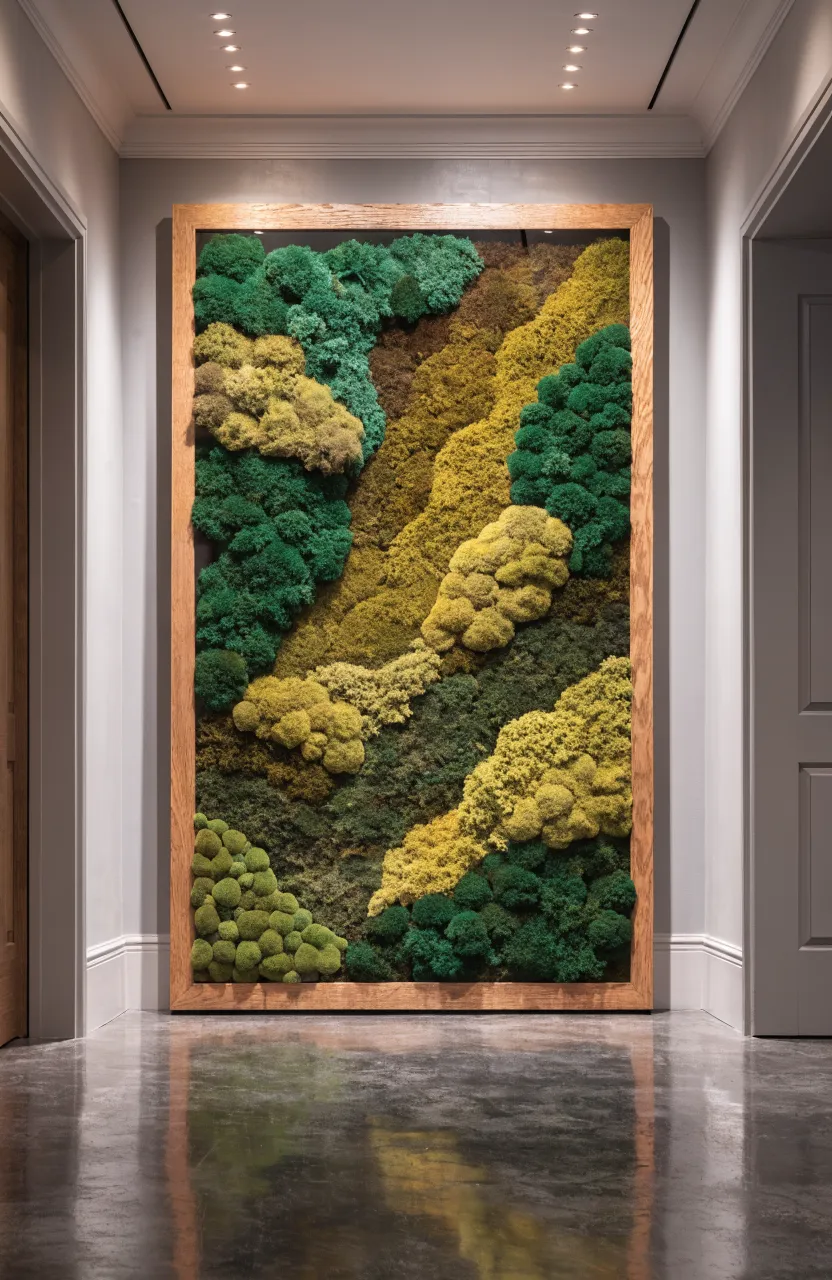 Intricate preserved moss art in a light wood frame hanging in a modern hallway.