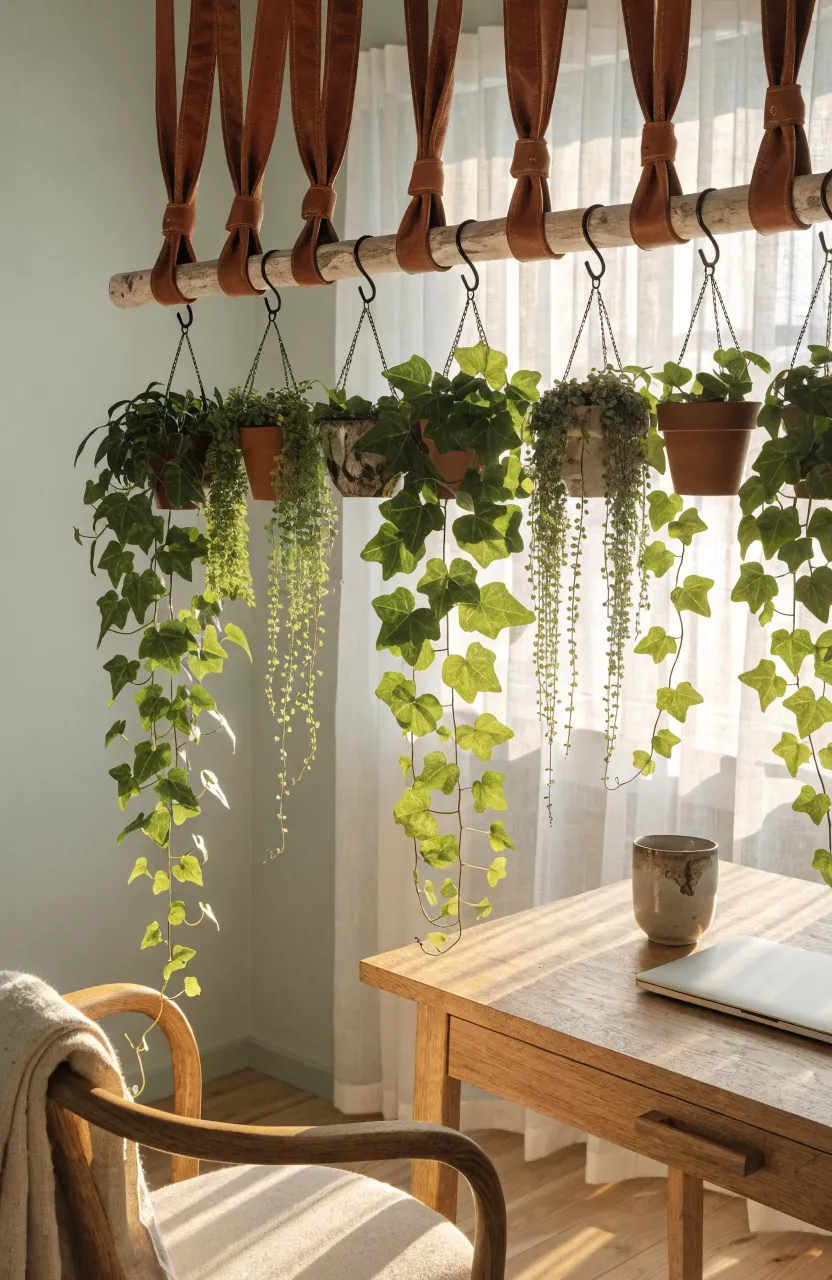 A wooden dowel held by leather straps on a wall, with several small potted plants hanging from hooks.