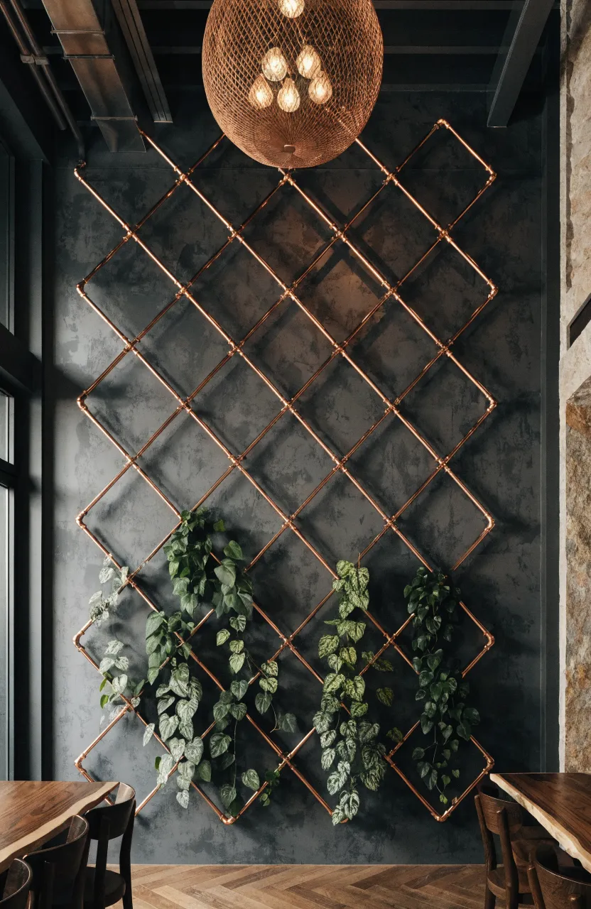 A geometric copper pipe trellis on a dark wall with climbing green vines growing upward.