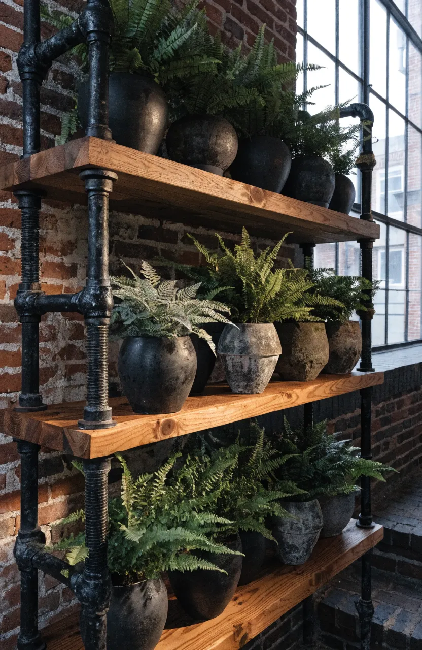 Industrial black pipe and wood shelves holding lush green ferns against an exposed brick wall.
