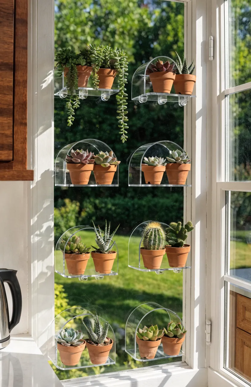 Clear acrylic planters attached to a bright window filled with small sun-loving succulents.