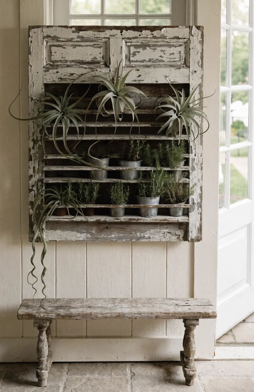 An antique white wooden shutter mounted on a wall used as a planter for air plants and herbs.
