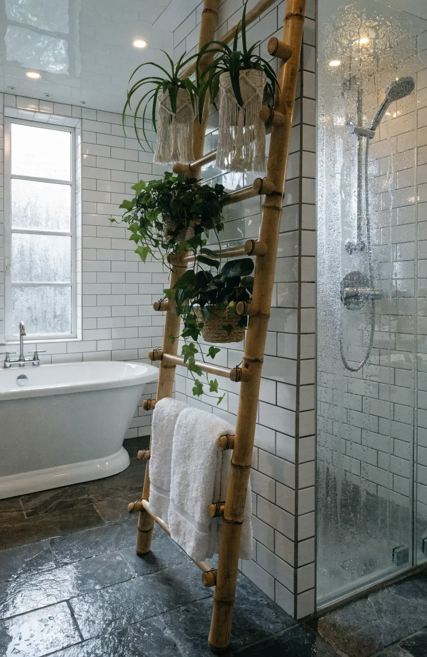 A bamboo ladder leaning against a bathroom wall holding hanging plants and white towels.