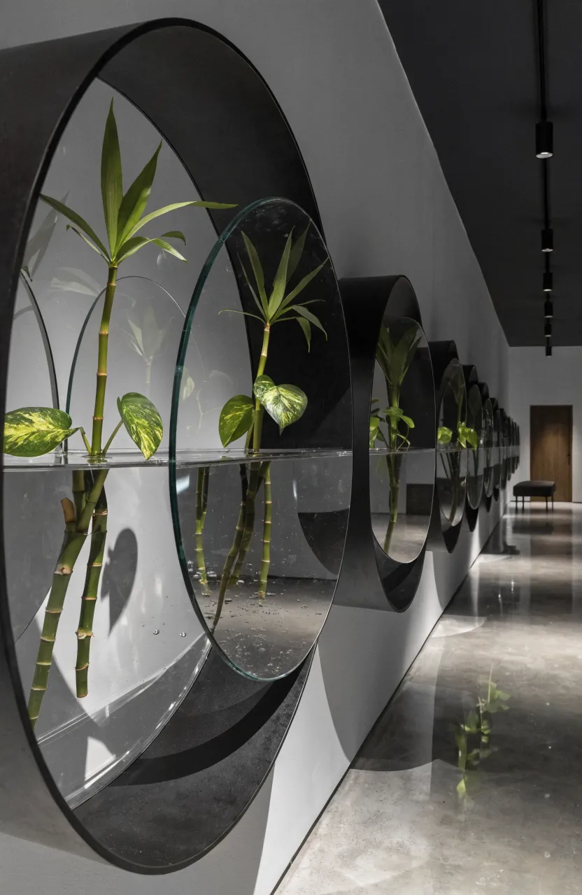 Modern black circular wall vases with green plant cuttings in a minimalist grey hallway.