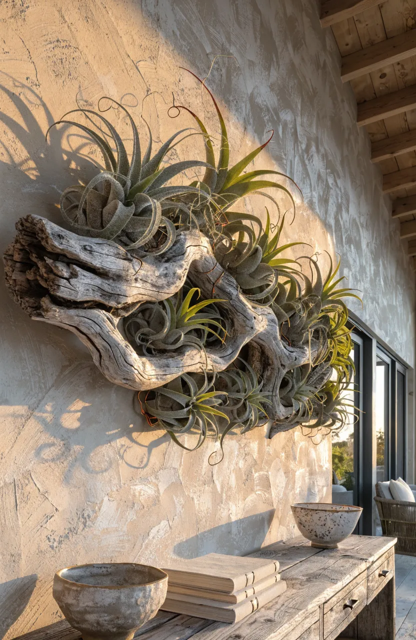 A large driftwood branch with air plants attached, hanging as art on a textured wall.
