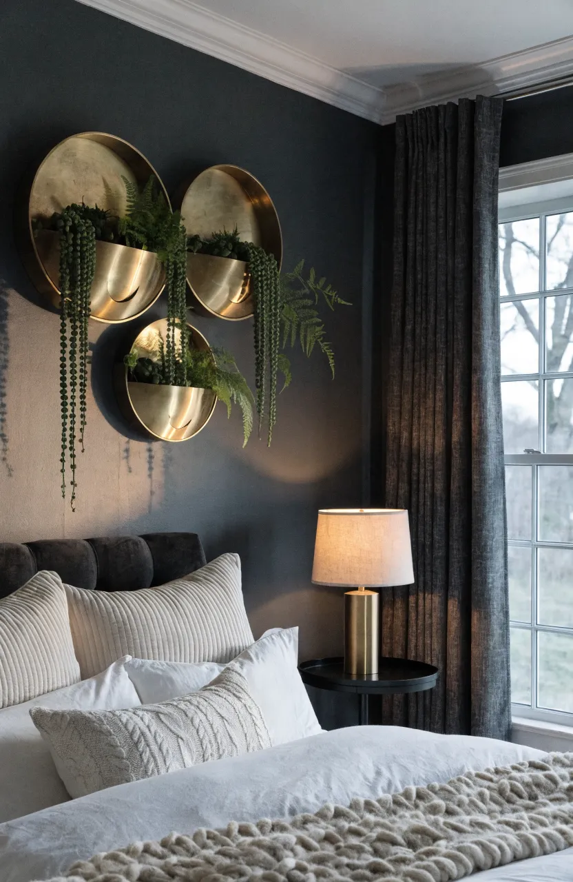 Brass moon-shaped wall planters with trailing plants on a dark grey bedroom wall.