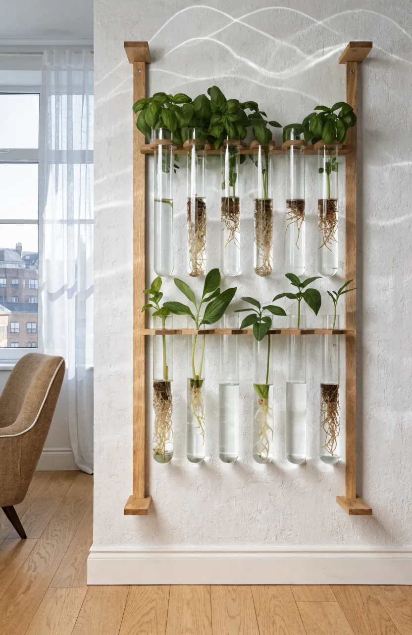 A modern wall-mounted wooden rack holding glass test tubes with plant cuttings growing roots in water.