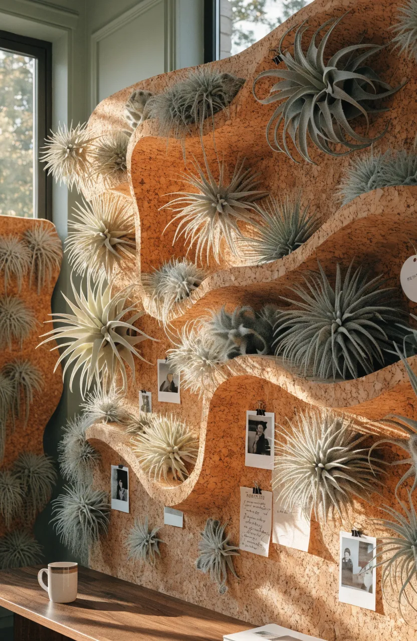 A large textured cork wall decorated with various air plants, pinned notes, and small photographs.