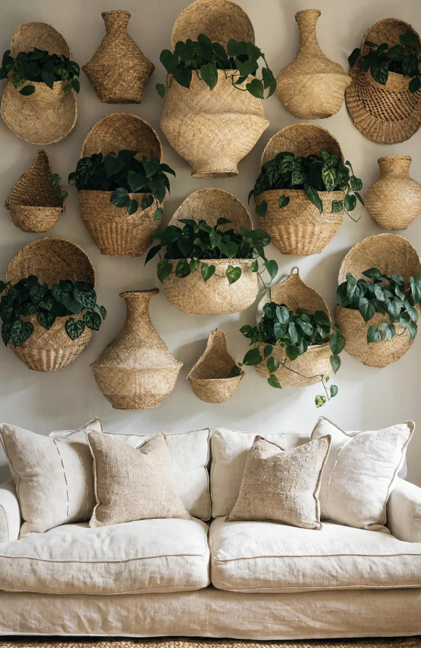 Decorative woven baskets mounted on a wall with lush green trailing plants spilling out of them.