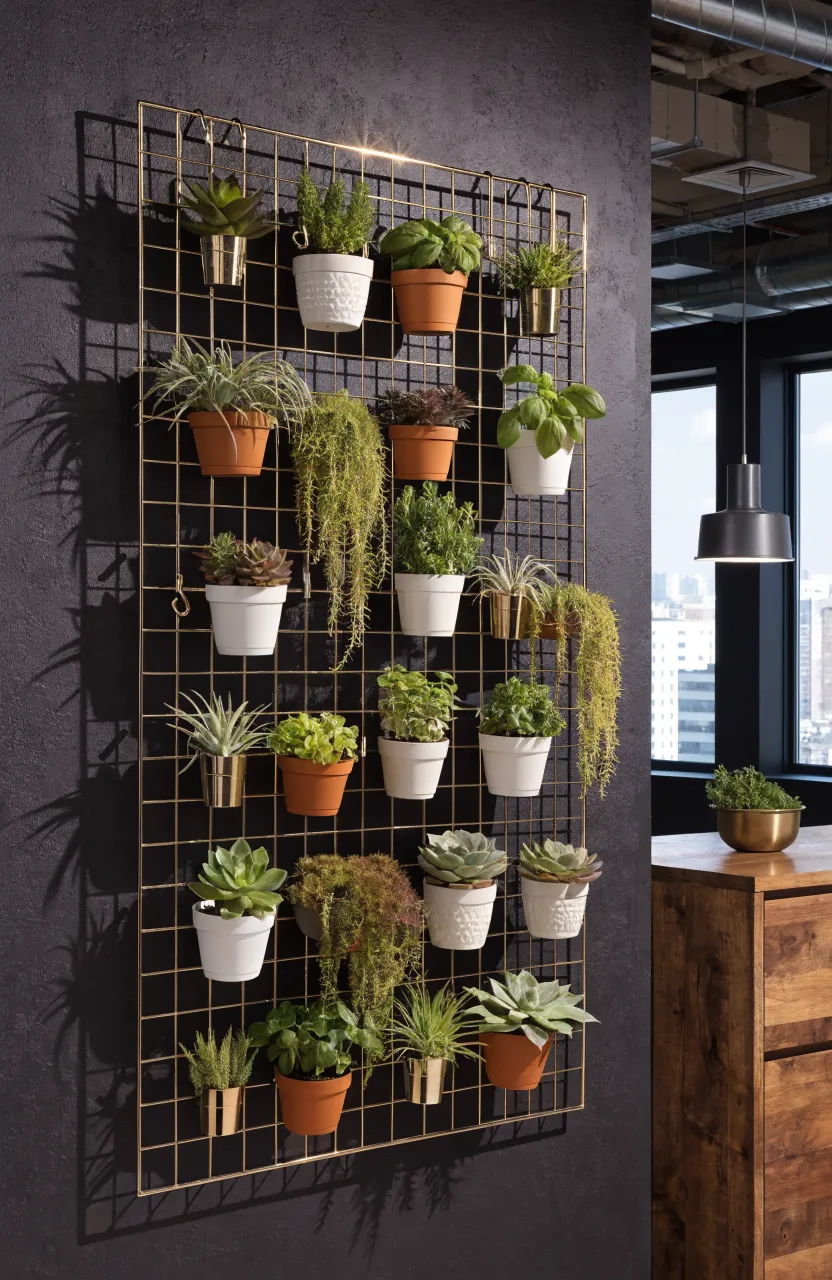 A gold wire grid on a dark wall holding several small potted plants with metal clips and hooks.