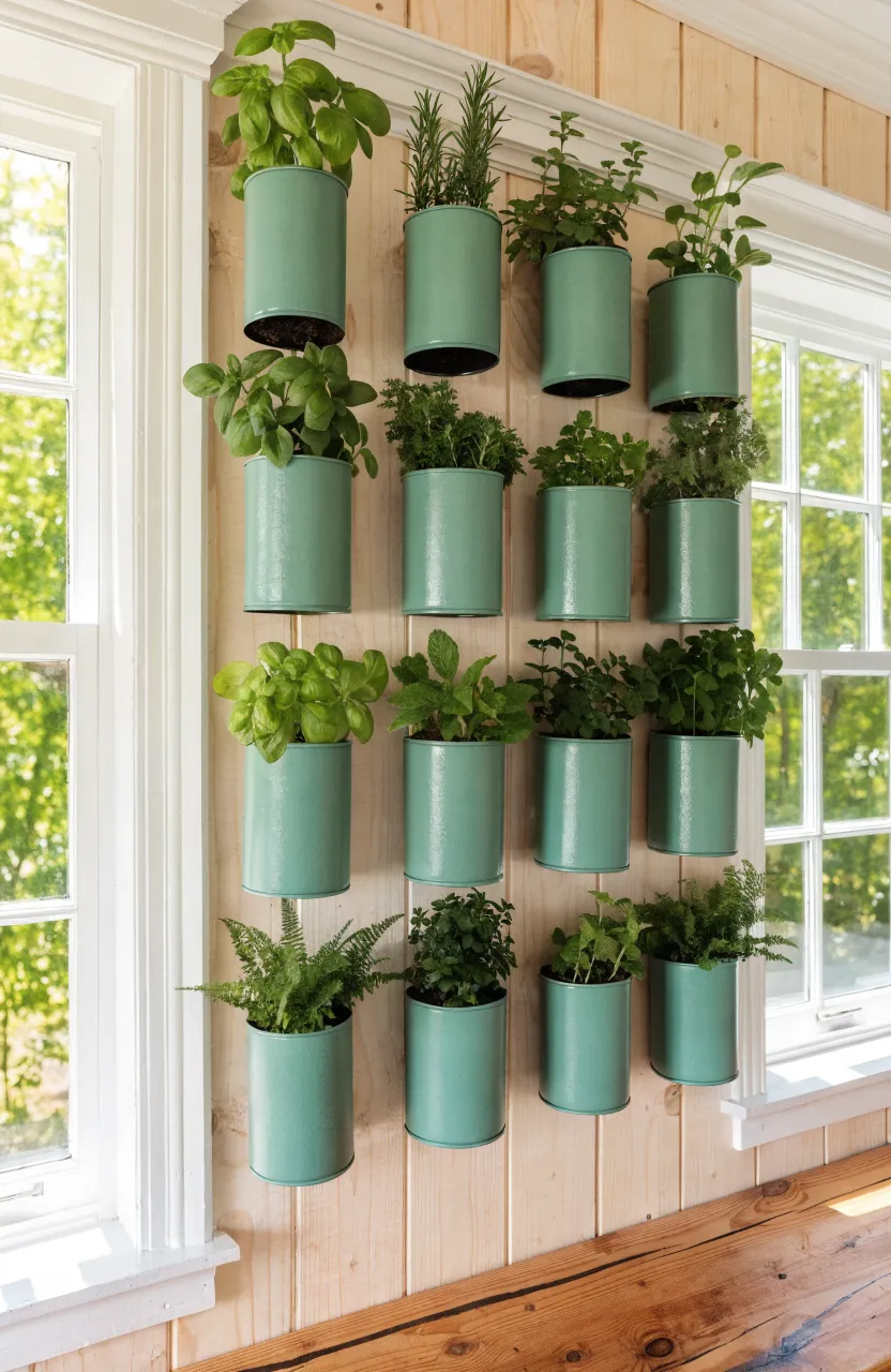 A collection of twelve sage green painted tin cans used as planters, arranged in a grid on a wood wall.