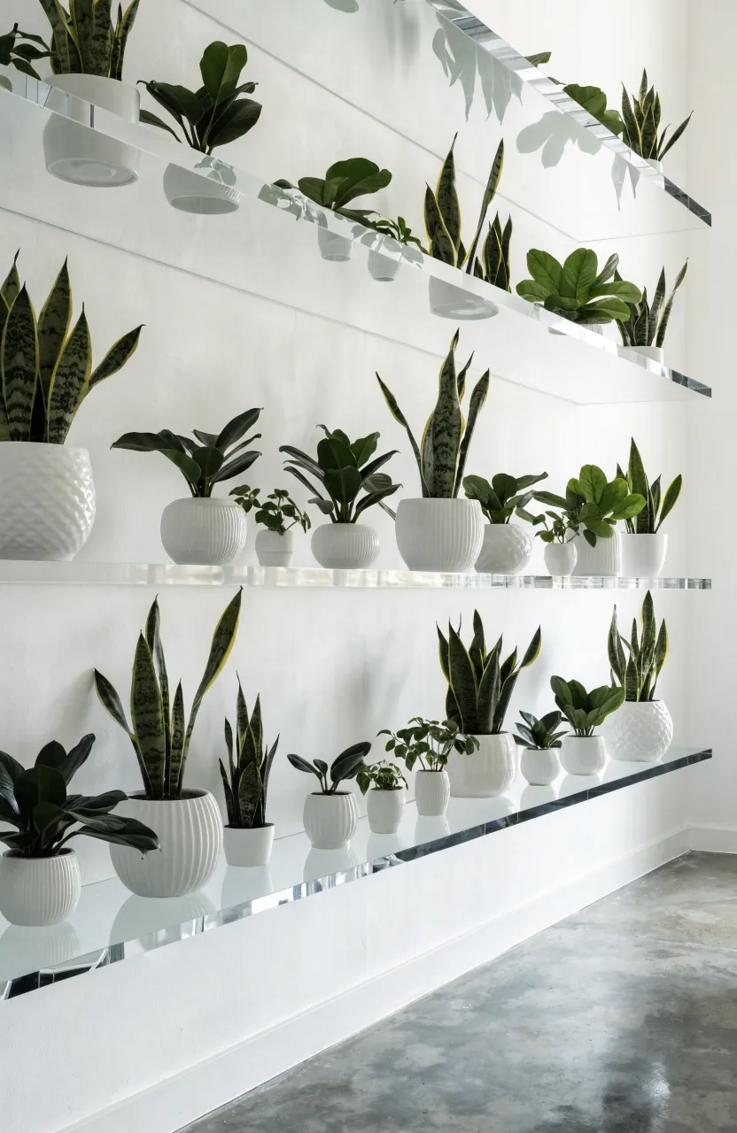 Clear acrylic floating shelves on a white wall holding several green plants in white pots.