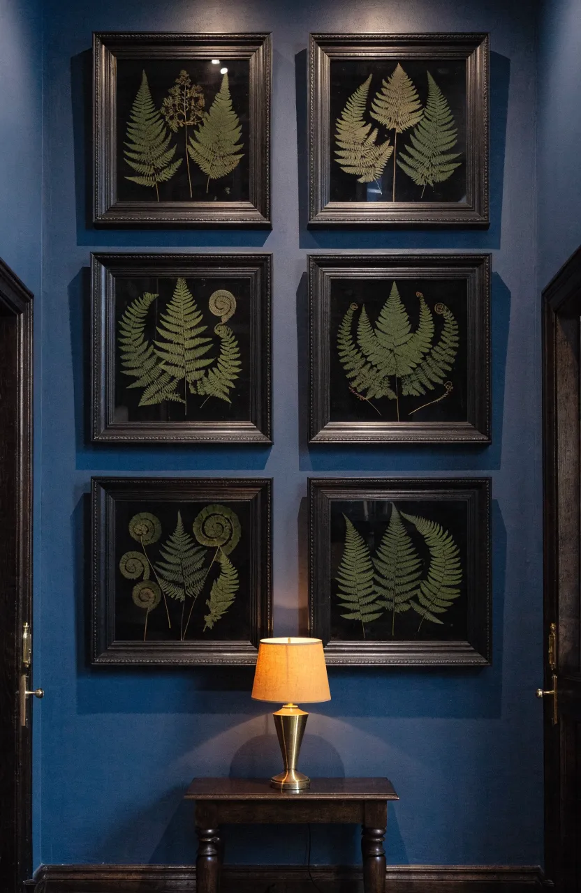 A grid of black shadow box frames on a dark blue wall featuring preserved green fern leaves.