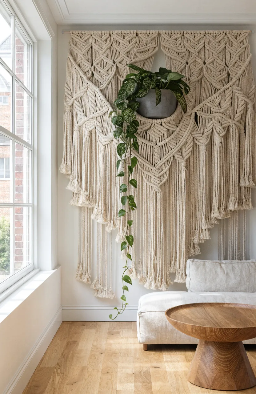 A large ivory macramé wall hanging with a built-in ceramic pot and green plant in a bright living room.