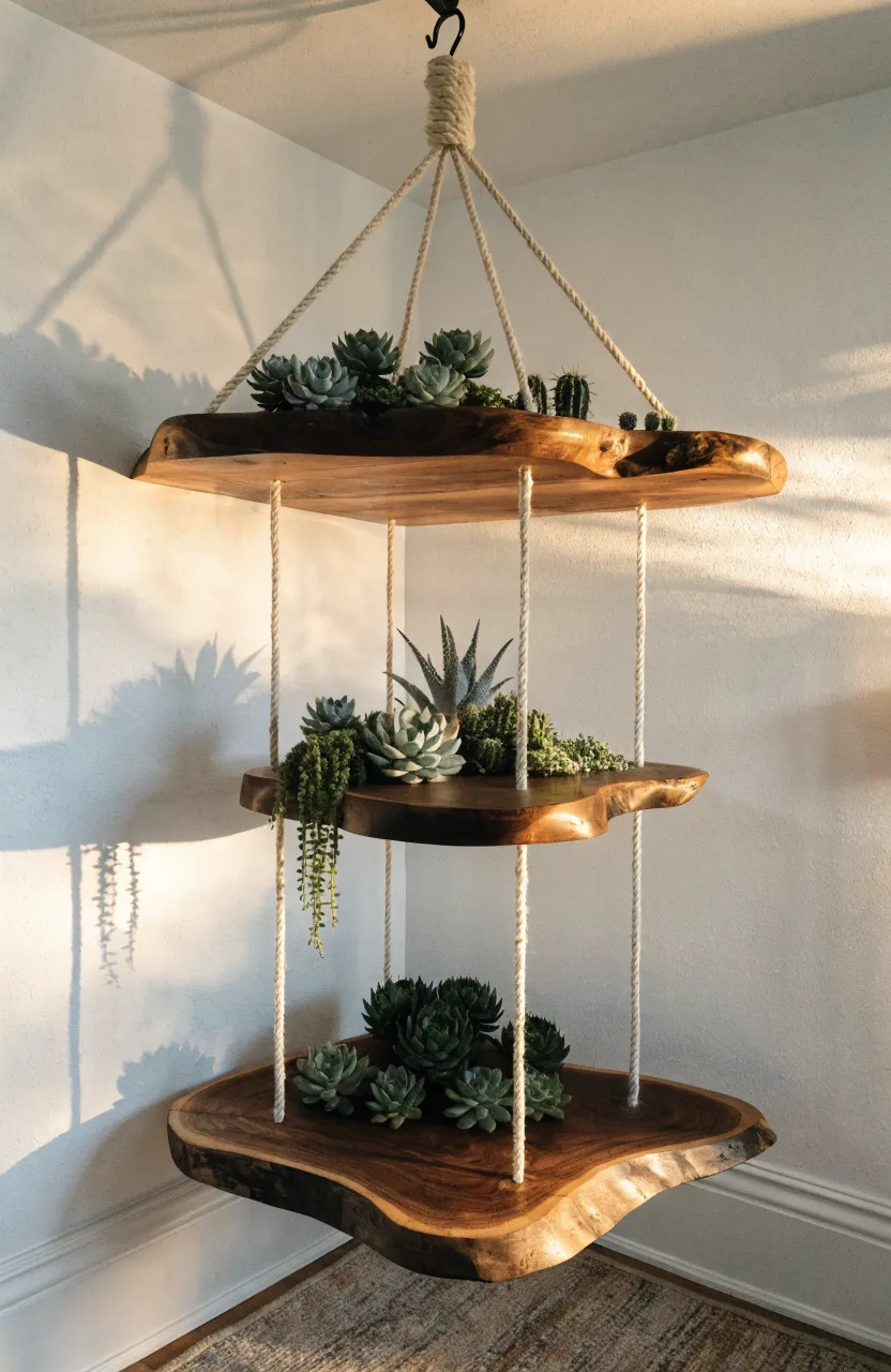 Three-tiered dark wood hanging shelves suspended by ropes in a bright room corner with various plants.