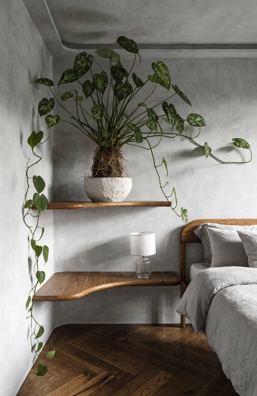 L-shaped floating shelves in a room corner with a trailing Heartleaf Philodendron plant growing down.