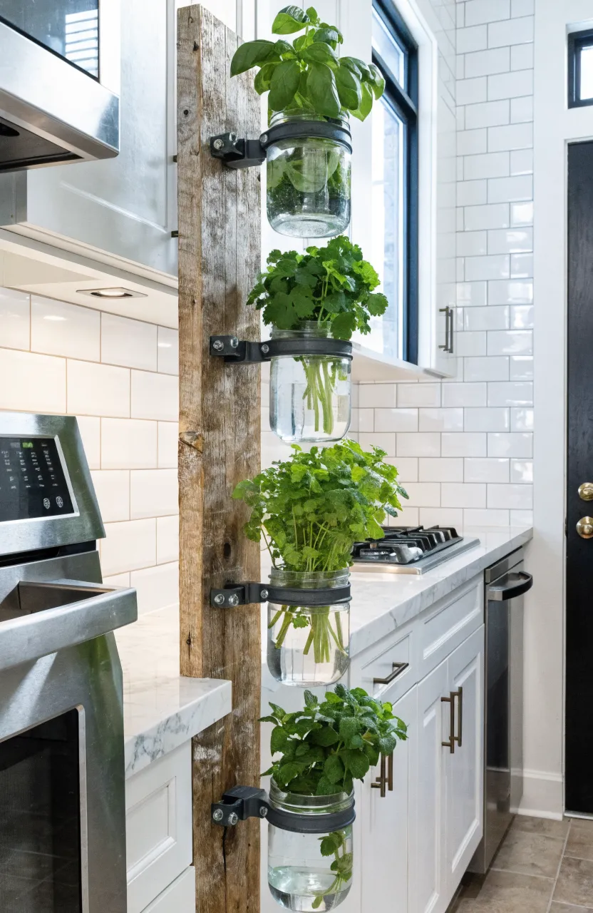 Mason jars filled with fresh herbs mounted on a wooden board on a white kitchen tile wall.