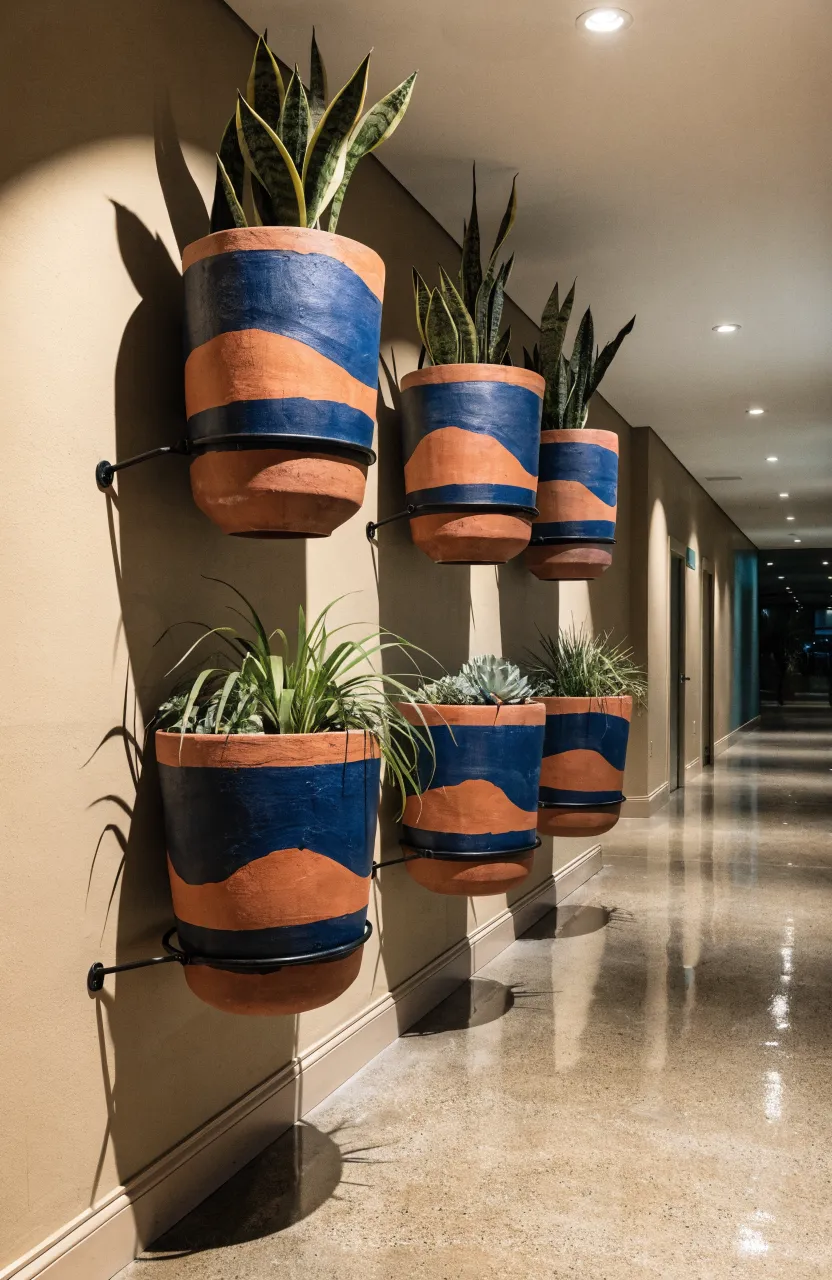 A grid of six painted navy and orange terracotta pots held by black metal rings on a tan wall.