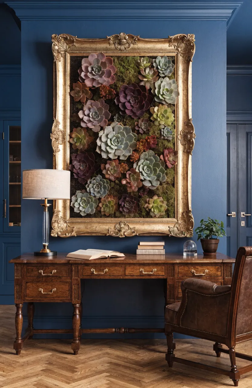 A living succulent arrangement inside an ornate gold picture frame hanging on a navy blue wall.