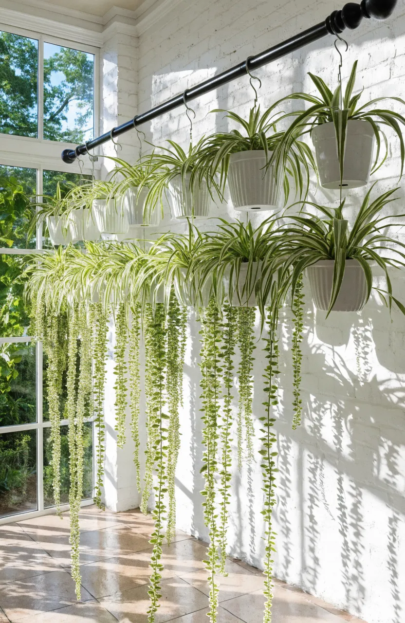 A black curtain rod with several hanging spider plants in white pots against a white brick wall.