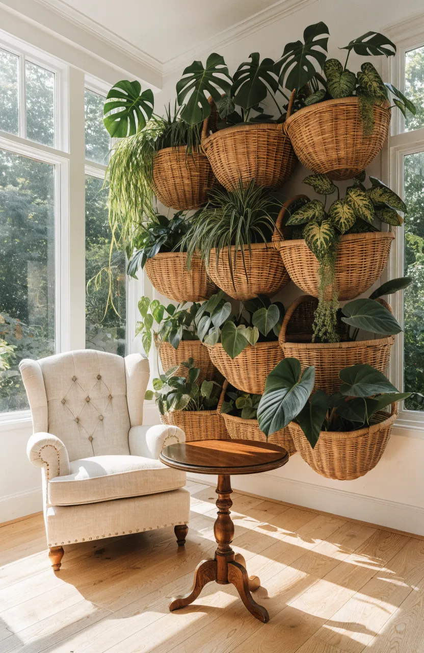 A cozy sunroom wall decorated with half-moon wicker baskets holding trailing green plants next to a reading chair.