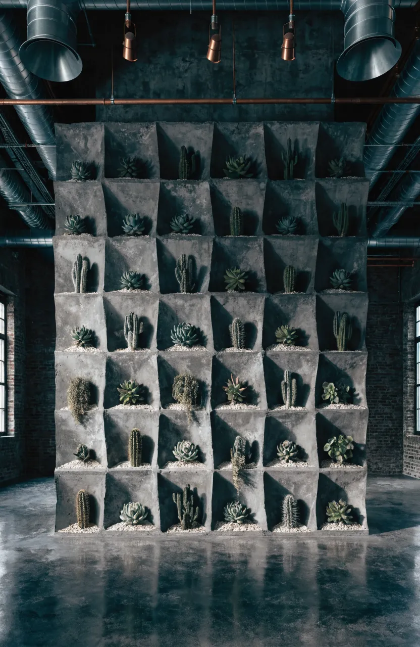Modern industrial wall with gray concrete pocket planters holding small green succulents and cacti.