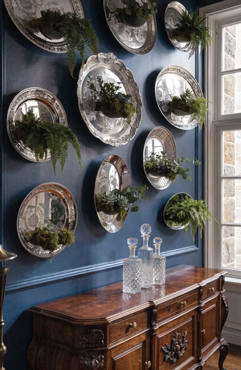 Ornate antique silver trays mounted on a dark wall acting as frames for small indoor wall plants.