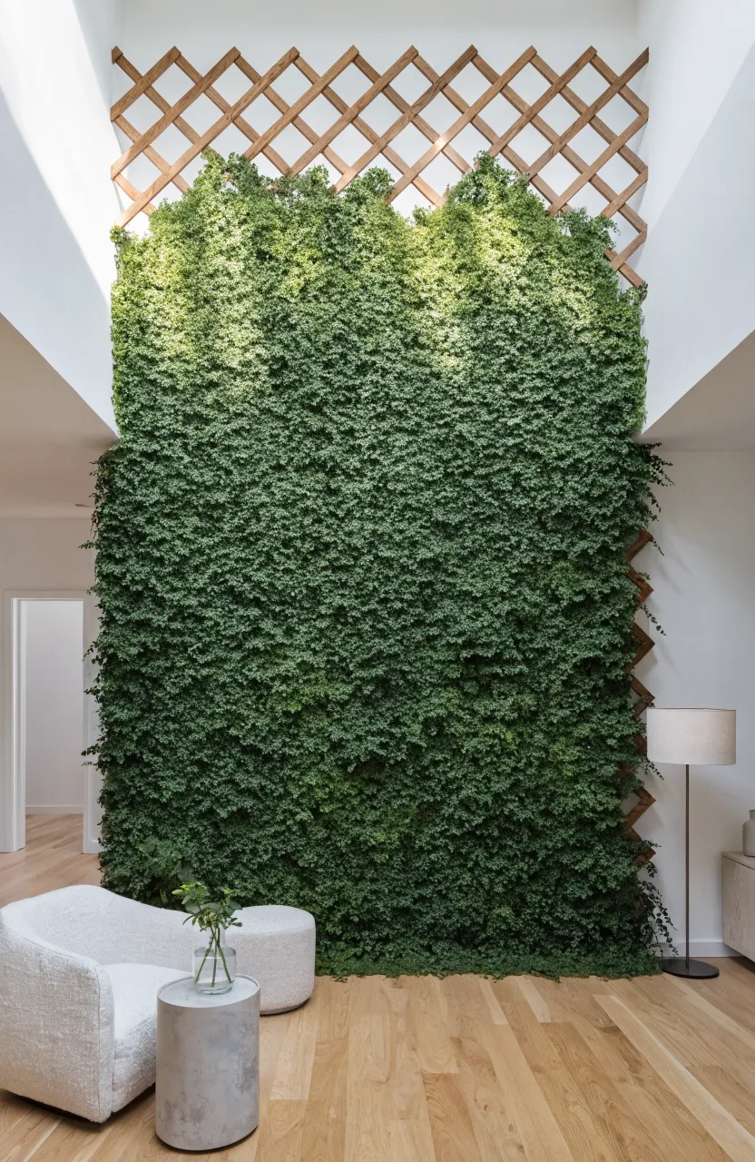 A large indoor wooden lattice trellis completely covered in lush green Creeping Fig vines on a white wall.