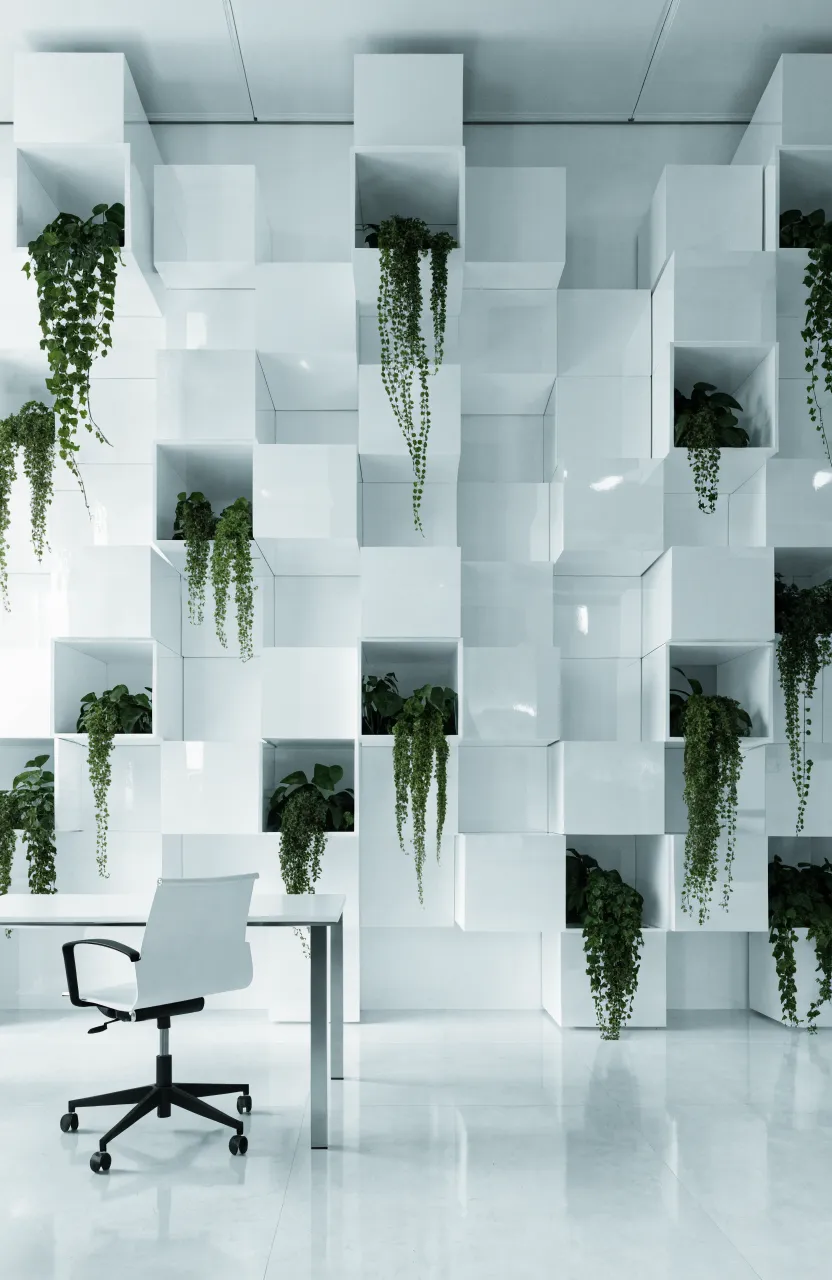 Minimalist white cube shelves on a white wall with long green trailing plants hanging down.