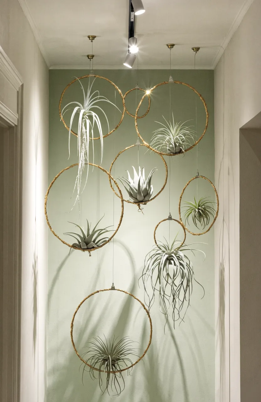 Delicate brass hoops hanging on a wall holding various air plants in a floating garden arrangement.