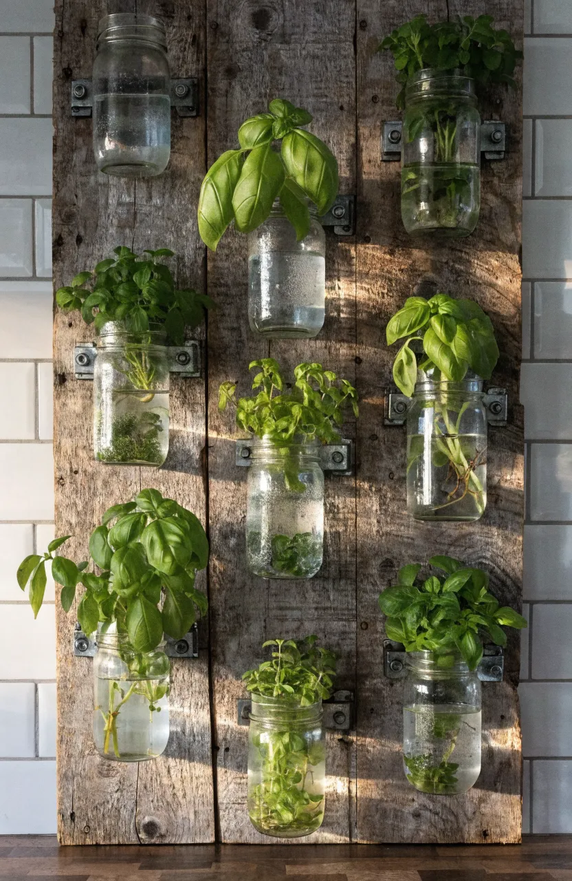 A rustic reclaimed wood board with mason jars clamped to it, holding green herb plants on a kitchen wall.