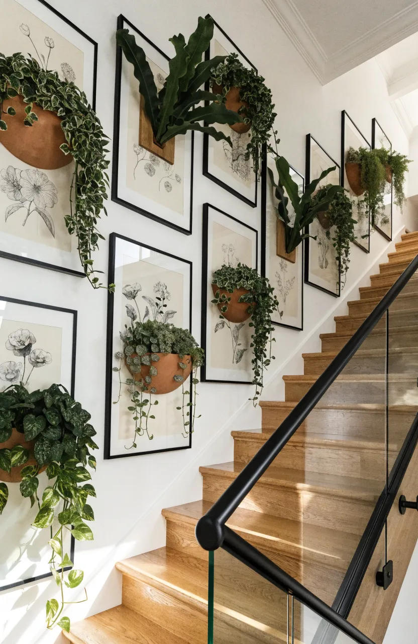 A modern staircase featuring a gallery wall of alternating framed art and wall-mounted green plants.