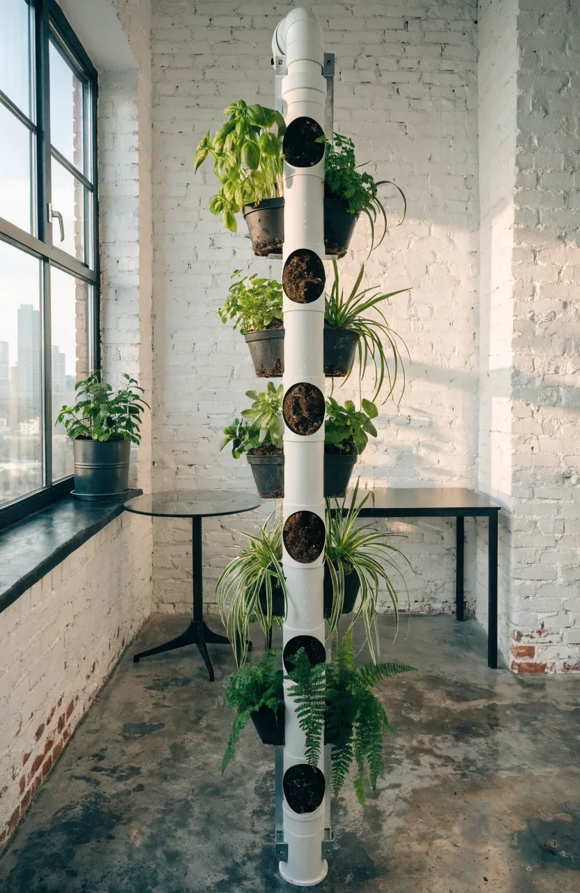 A vertical white PVC pipe planter mounted on a white brick wall in a small, modern apartment.
