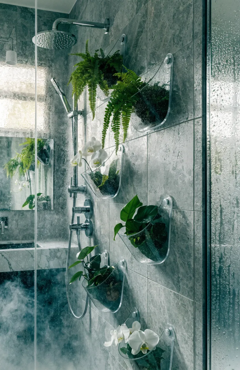 Lush green ferns and orchids in clear wall pockets mounted on gray tiles inside a steamy shower.