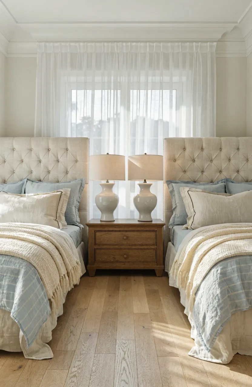 Symmetrical bedroom layout with two twin beds and a shared central nightstand in a bright, airy room.