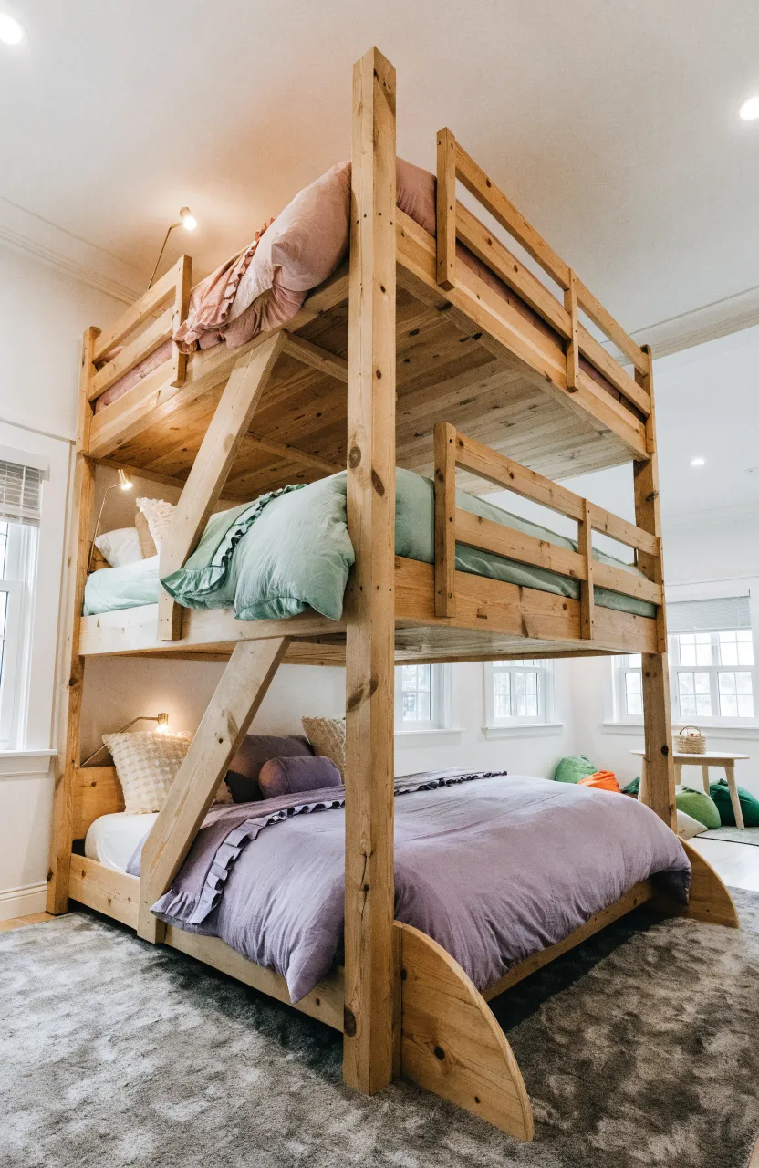 A vertical triple bunk bed tower with built-in stairs in a high-ceilinged shared bedroom.