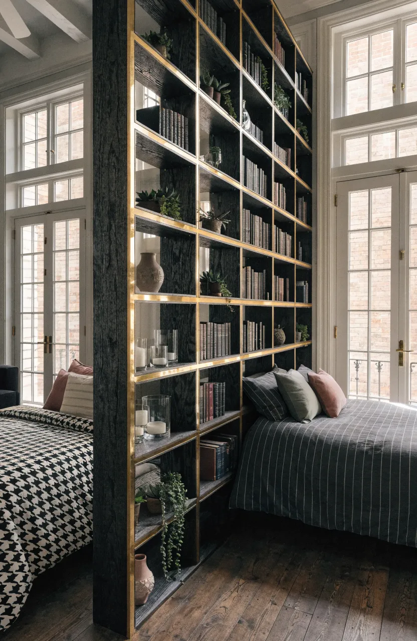 A floor-to-ceiling open bookshelf dividing a large bedroom into two private areas for teenagers.