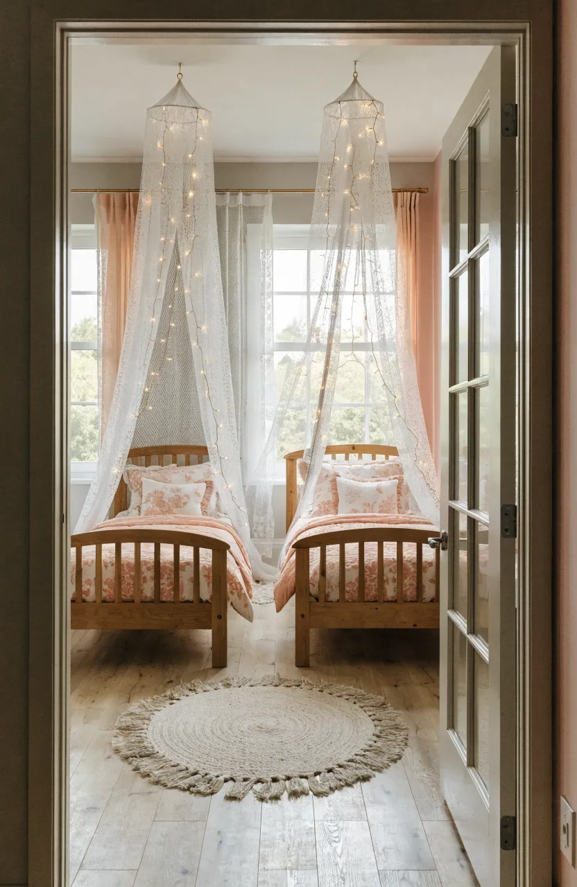 Two low platform beds with white canopy nets and fairy lights in a toddler girl's shared room.