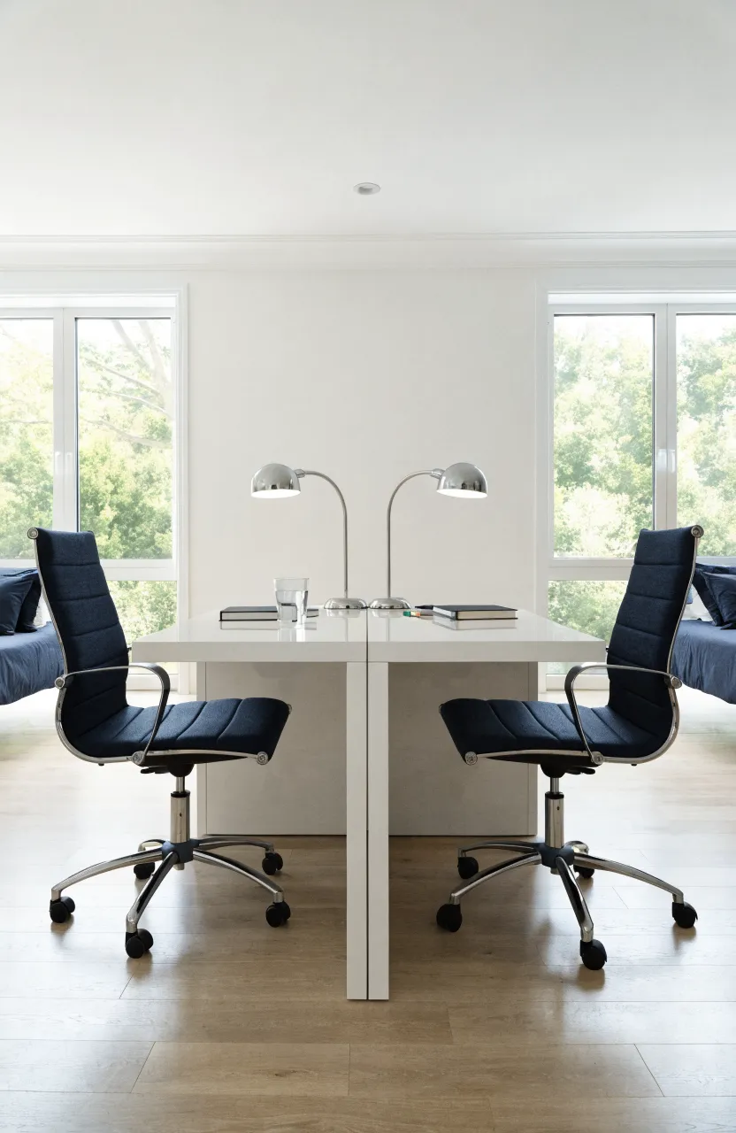 Two desks placed back-to-back in the center of a large bedroom to create a shared study area.