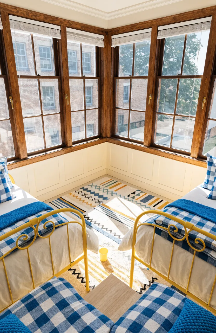 Two beds arranged in an L-shape in the corner of a room to maximize central floor space.