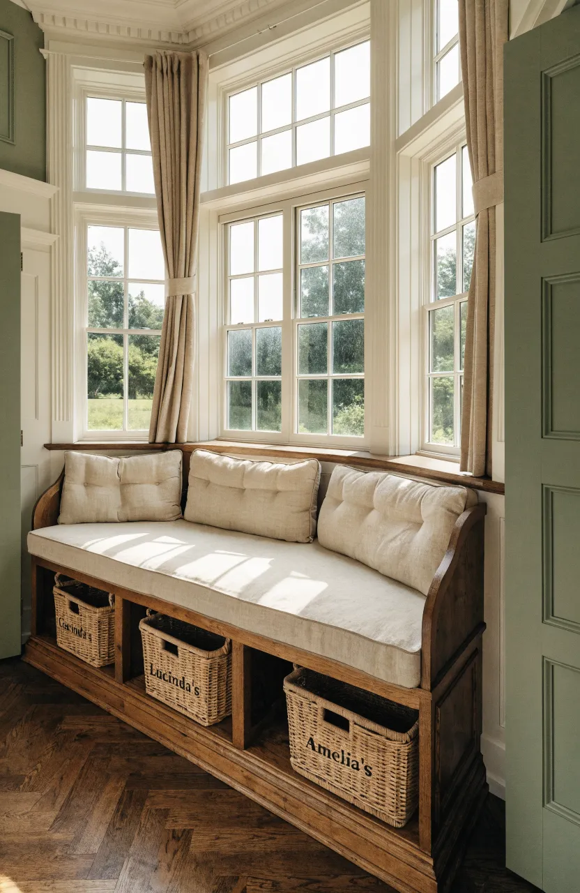 A built-in window seat with storage cubbies and baskets in a large shared bedroom for sisters.