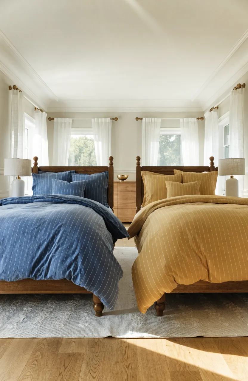 A large shared bedroom with two twin beds featuring blue and yellow striped bedding for individual style.