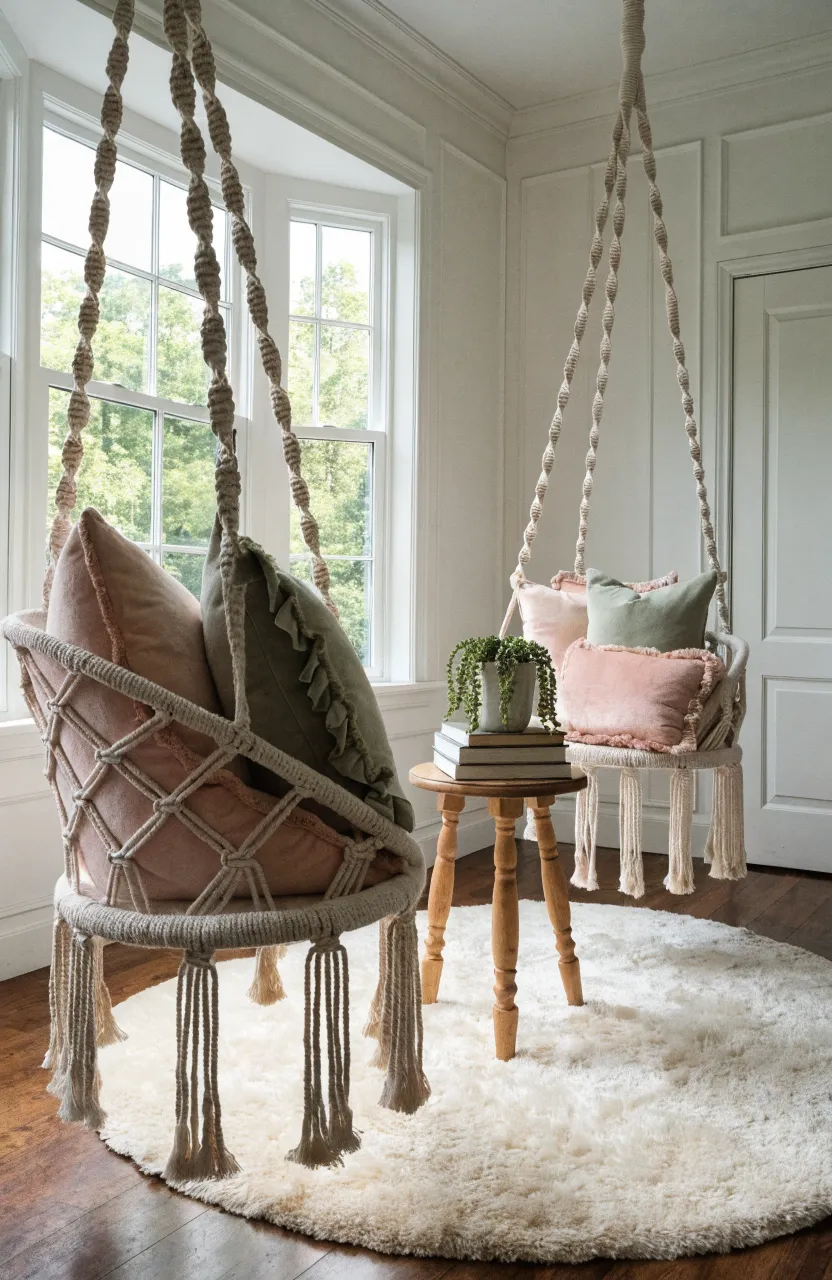 Two cream macramé hanging chairs in a bedroom corner with plush pillows and a round rug.